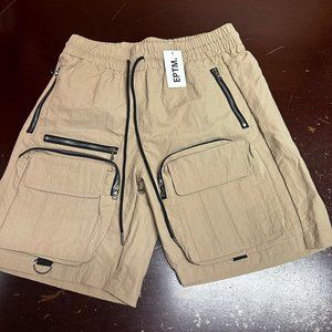 Eptm Mens Khaki Flat Front Elastic Waist Contrast Zipper Pockets Cargo Shorts 32